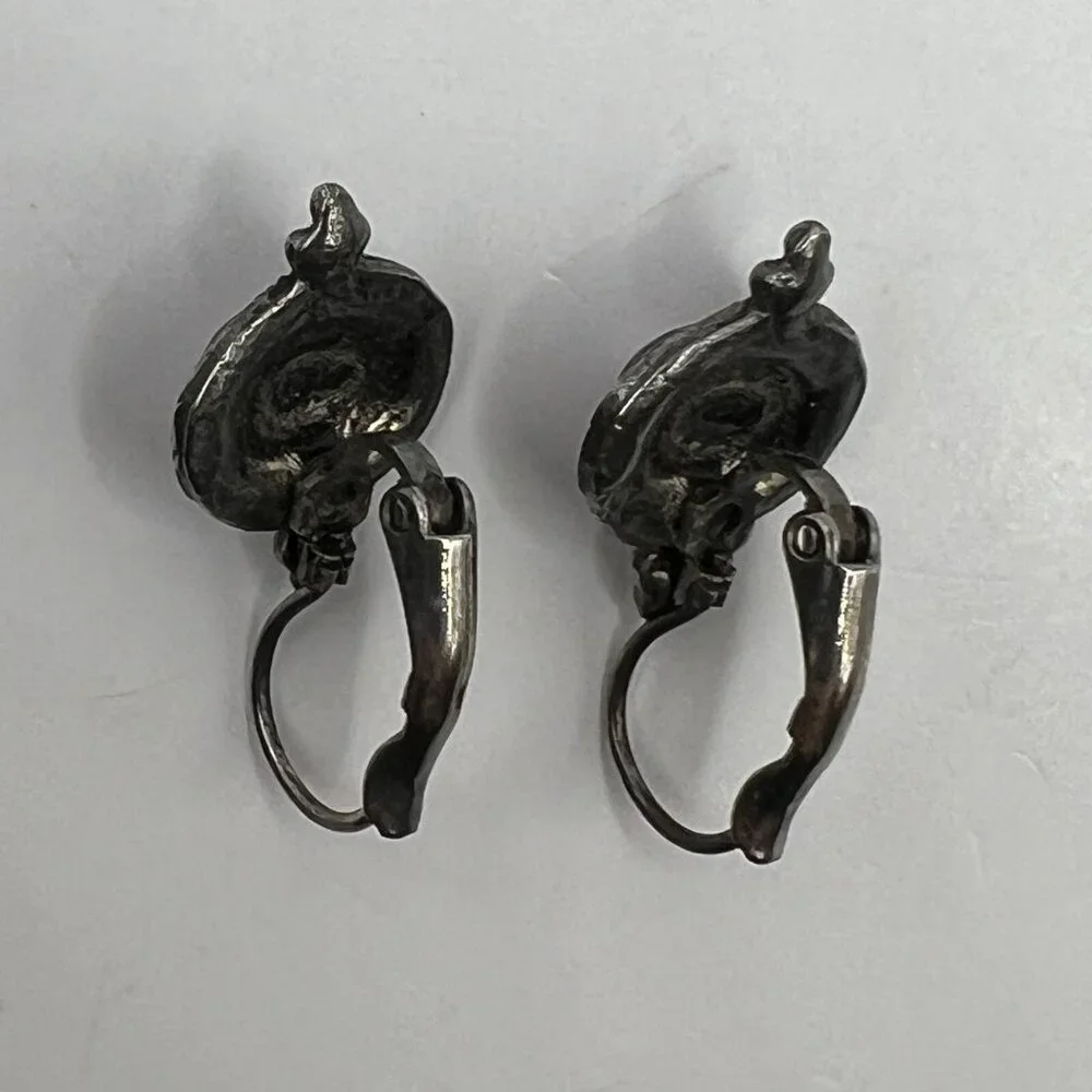 Vintage‎ Pierced Earrings Silver Tone Marcasite Purple Glass Stone
